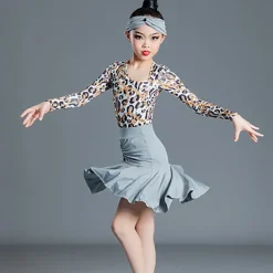 Latin Dance Kids' Dancewear Skirts Printing Splicing Girls' Performance Training Long Sleeve High Spandex
