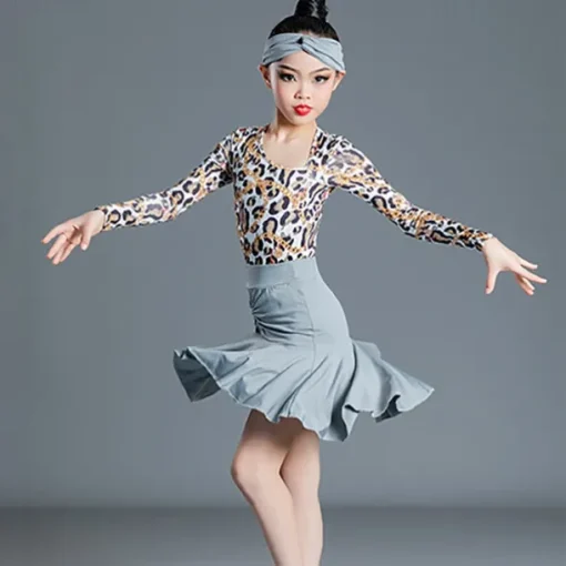 Latin Dance Kids' Dancewear Skirts Printing Splicing Girls' Performance Training Long Sleeve High Spandex