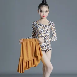 Latin Dance Kids' Dancewear Skirts Printing Splicing Girls' Performance Training Long Sleeve High Spandex
