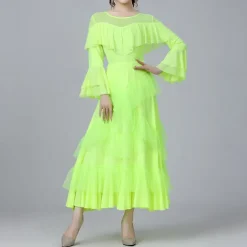 Latin Dance Skirts Pure Color Splicing Tulle Women's Performance Training Long Sleeve High Polyester