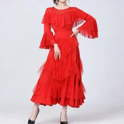 Latin Dance Skirts Pure Color Splicing Tulle Women's Performance Training Long Sleeve High Polyester