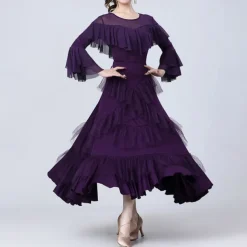 Latin Dance Skirts Pure Color Splicing Tulle Women's Performance Training Long Sleeve High Polyester