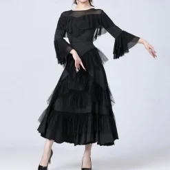 Latin Dance Skirts Pure Color Splicing Tulle Women's Performance Training Long Sleeve High Polyester