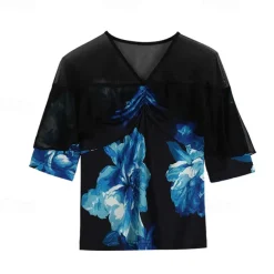 Latin Dance Top Printing Splicing Tulle Women's Performance Training Half Sleeve High Polyester