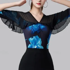 Latin Dance Top Printing Splicing Tulle Women's Performance Training Half Sleeve High Polyester