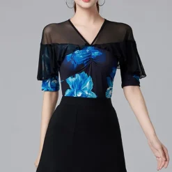 Latin Dance Top Printing Splicing Tulle Women's Performance Training Half Sleeve High Polyester