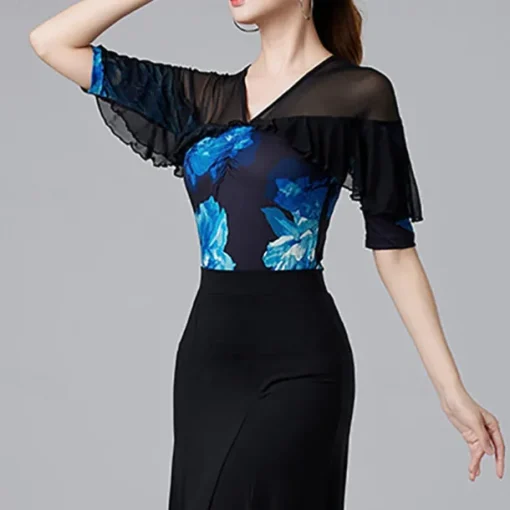 Latin Dance Top Printing Splicing Tulle Women's Performance Training Half Sleeve High Polyester