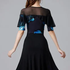Latin Dance Top Printing Splicing Tulle Women's Performance Training Half Sleeve High Polyester