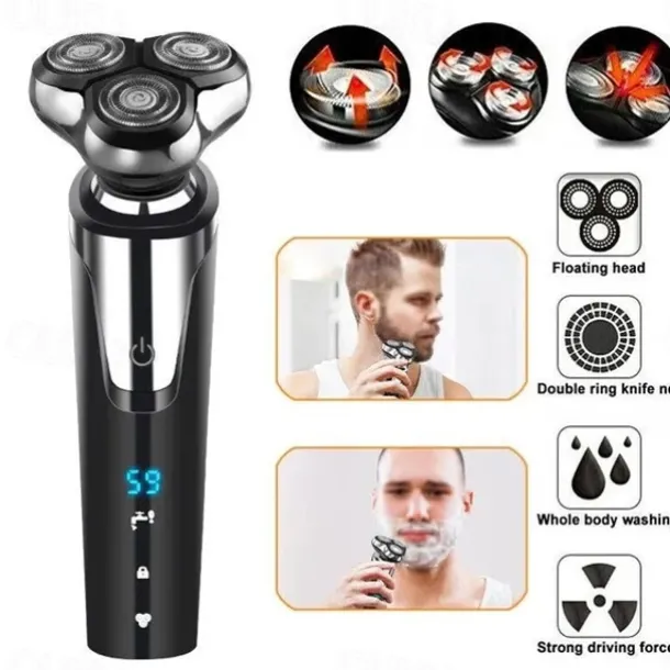 LCD Display Electric Shaver Dry/Wet Cordless Razor Type-C Quick Charging Rotary Floating Beard Trimmer