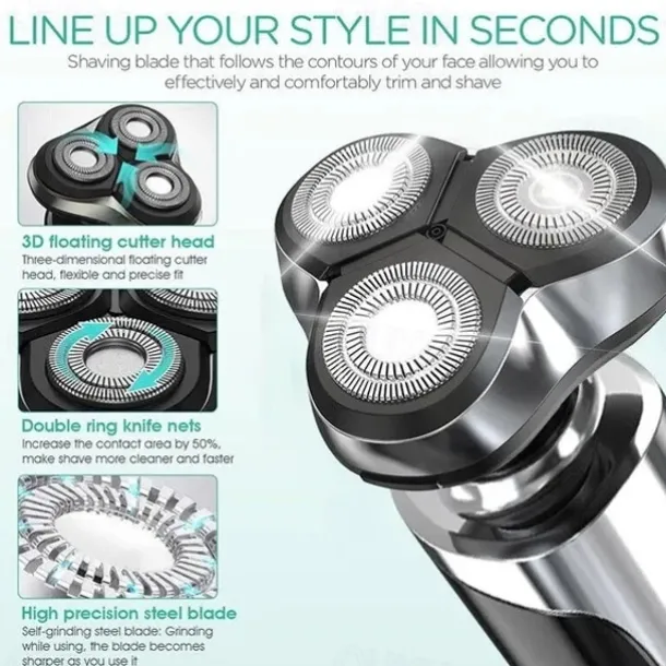 LCD Display Electric Shaver Dry/Wet Cordless Razor Type-C Quick Charging Rotary Floating Beard Trimmer