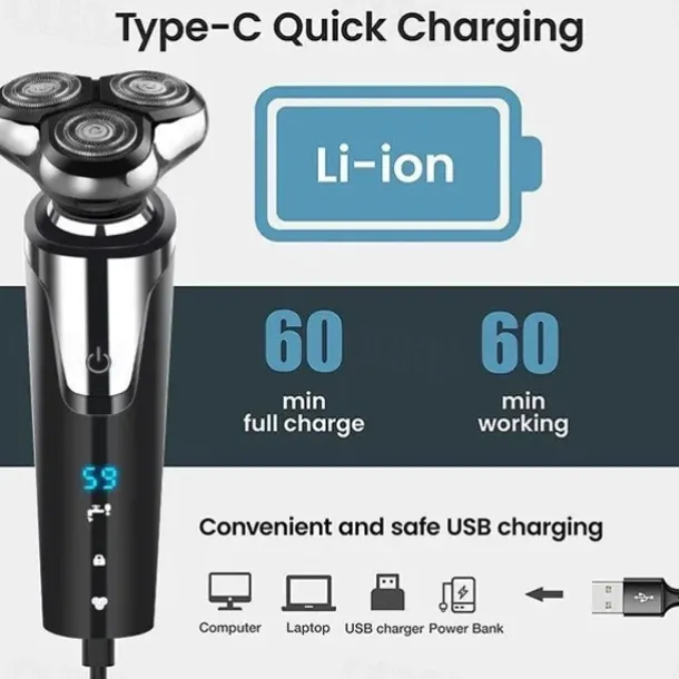 LCD Display Electric Shaver Dry/Wet Cordless Razor Type-C Quick Charging Rotary Floating Beard Trimmer