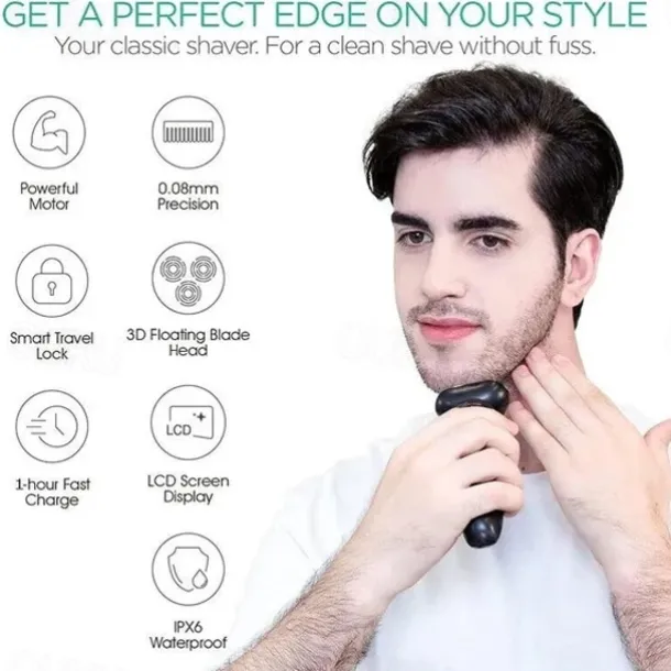 LCD Display Electric Shaver Dry/Wet Cordless Razor Type-C Quick Charging Rotary Floating Beard Trimmer