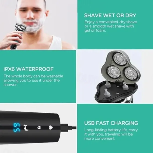 LCD Display Electric Shaver Dry/Wet Cordless Razor Type-C Quick Charging Rotary Floating Beard Trimmer