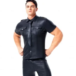 Leather Cop Costume for Men - Faux Leather Uniform Shirt for Pride Parade, Fetish Events, Nightclub & Roleplay