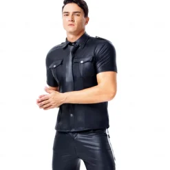 Leather Cop Costume for Men - Faux Leather Uniform Shirt for Pride Parade, Fetish Events, Nightclub & Roleplay