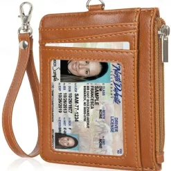 Leather Credit Card Holder Men Women Rfid Business ID Badge Case Porte Bus Card Pass Name Card Cover Slim Wallet With Lanyard