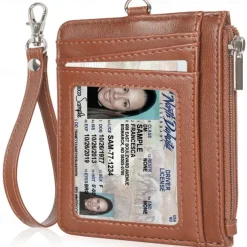 Leather Credit Card Holder Men Women Rfid Business ID Badge Case Porte Bus Card Pass Name Card Cover Slim Wallet With Lanyard