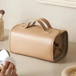 Leather Waterproof Cosmetic Bag, 4-in-1 Travel Toiletry Organizer, Large-Capacity Makeup Bag with Dry and Wet Separation for Stylish Storage