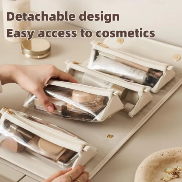 Leather Waterproof Cosmetic Bag, 4-in-1 Travel Toiletry Organizer, Large-Capacity Makeup Bag with Dry and Wet Separation for Stylish Storage