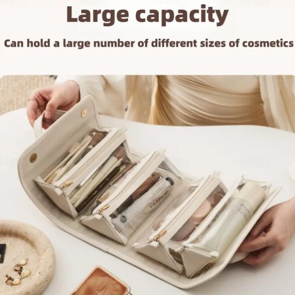 Leather Waterproof Cosmetic Bag, 4-in-1 Travel Toiletry Organizer, Large-Capacity Makeup Bag with Dry and Wet Separation for Stylish Storage