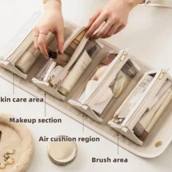 Leather Waterproof Cosmetic Bag, 4-in-1 Travel Toiletry Organizer, Large-Capacity Makeup Bag with Dry and Wet Separation for Stylish Storage