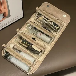 Leather Waterproof Cosmetic Bag, 4-in-1 Travel Toiletry Organizer, Large-Capacity Makeup Bag with Dry and Wet Separation for Stylish Storage