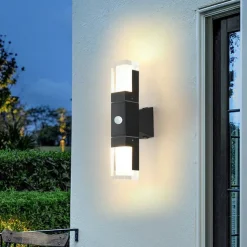 LED Wall Sconce Outdoor Black Metal Up Down Light Fixture IP65 Waterproof Aluminum Sensor Wall Lantern for Porch Patio Garden 85-265V