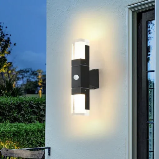 LED Wall Sconce Outdoor Black Metal Up Down Light Fixture IP65 Waterproof Aluminum Sensor Wall Lantern for Porch Patio Garden 85-265V