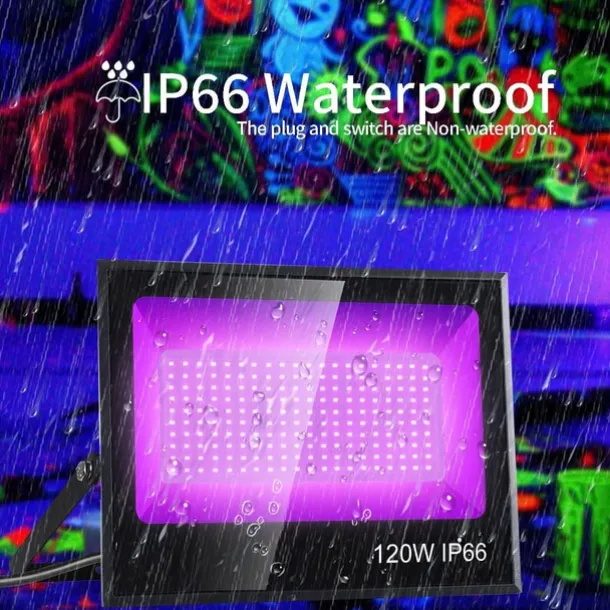 LED Black Lights 1-2 Pack of 30W 60W 120W UV Floodlight 395nm-405nm IP66 Waterproof High-power Black Light Plug with Switch (59in) for Parties Stages UV Resin Curing Paint for Halloween