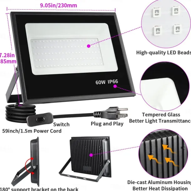 LED Black Lights 1-2 Pack of 30W 60W 120W UV Floodlight 395nm-405nm IP66 Waterproof High-power Black Light Plug with Switch (59in) for Parties Stages UV Resin Curing Paint for Halloween