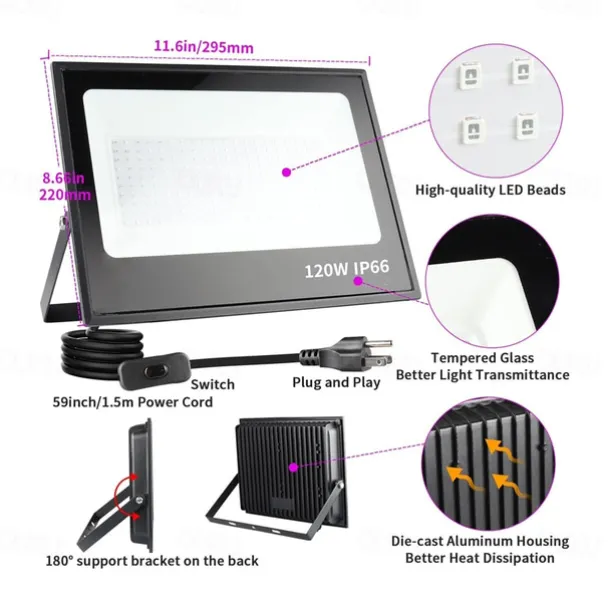 LED Black Lights 1-2 Pack of 30W 60W 120W UV Floodlight 395nm-405nm IP66 Waterproof High-power Black Light Plug with Switch (59in) for Parties Stages UV Resin Curing Paint for Halloween