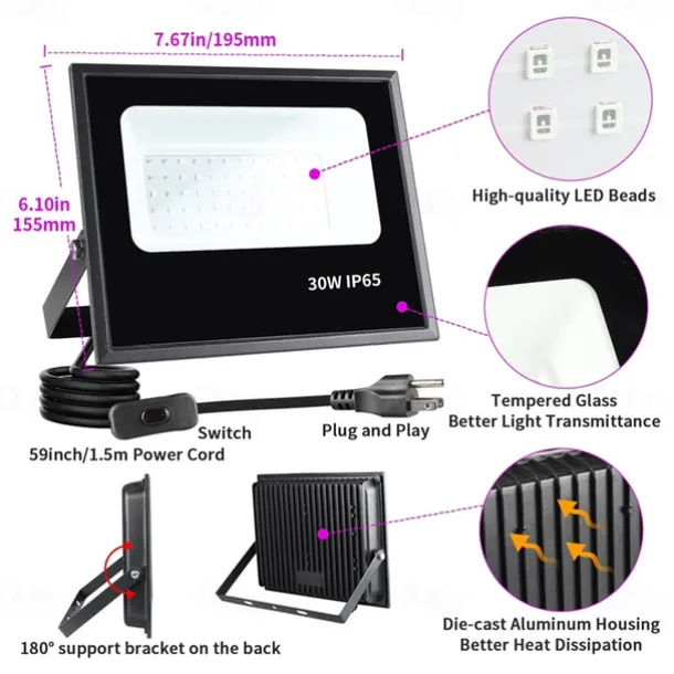 LED Black Lights 1-2 Pack of 30W 60W 120W UV Floodlight 395nm-405nm IP66 Waterproof High-power Black Light Plug with Switch (59in) for Parties Stages UV Resin Curing Paint for Halloween