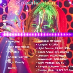 LED Blacklight Bar UV Strip Light Purple USB Interface with Switch T5 Integrated Bulb 6W for Blacklight Poster Body Paint Glow Halloween Decor Christmas Party Atmosphere Fluorescent Tapestry Poster