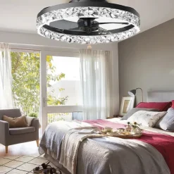 LED Ceiling Fans with lights Crystal Chandeliers Dimmable with Remote Contral 20" Flush Mount Ceiling Lamp Metal Chandelier Bedroom Living Room