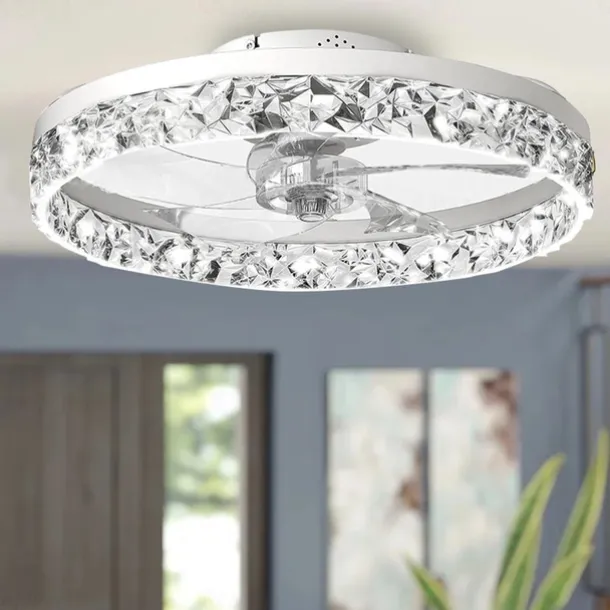 LED Ceiling Fans with lights Crystal Chandeliers Dimmable with Remote Contral 20" Flush Mount Ceiling Lamp Metal Chandelier Bedroom Living Room