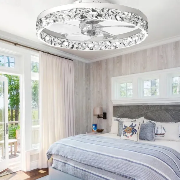 LED Ceiling Fans with lights Crystal Chandeliers Dimmable with Remote Contral 20" Flush Mount Ceiling Lamp Metal Chandelier Bedroom Living Room