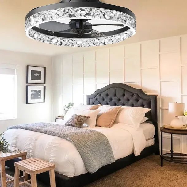 LED Ceiling Fans with lights Crystal Chandeliers Dimmable with Remote Contral 20" Flush Mount Ceiling Lamp Metal Chandelier Bedroom Living Room