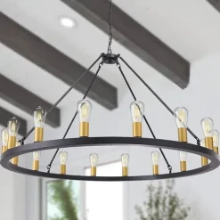 LED Chandelier Black on Wheels 20-Light Large Round Rustic Countryside Chandelier Industrial Light Fixture for Dining Room Living Room Kitchen Island Foyer Hallway