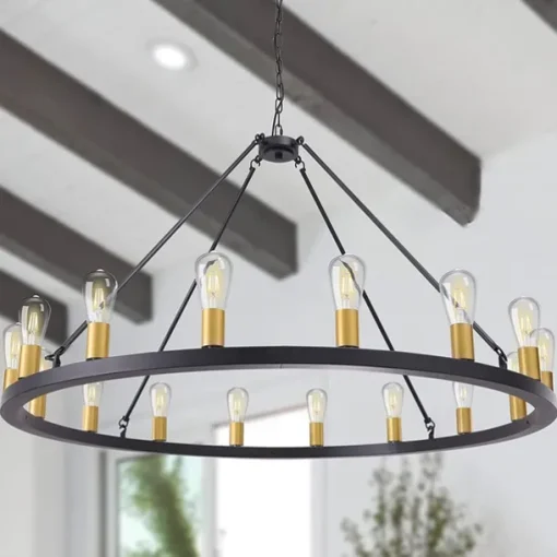 LED Chandelier Black on Wheels 20-Light Large Round Rustic Countryside Chandelier Industrial Light Fixture for Dining Room Living Room Kitchen Island Foyer Hallway