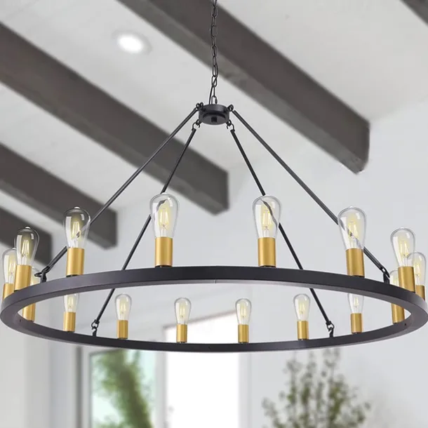 LED Chandelier Black on Wheels 20-Light Large Round Rustic Countryside Chandelier Industrial Light Fixture for Dining Room Living Room Kitchen Island Foyer Hallway