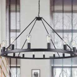 LED Chandelier Black on Wheels 20-Light Large Round Rustic Countryside Chandelier Industrial Light Fixture for Dining Room Living Room Kitchen Island Foyer Hallway