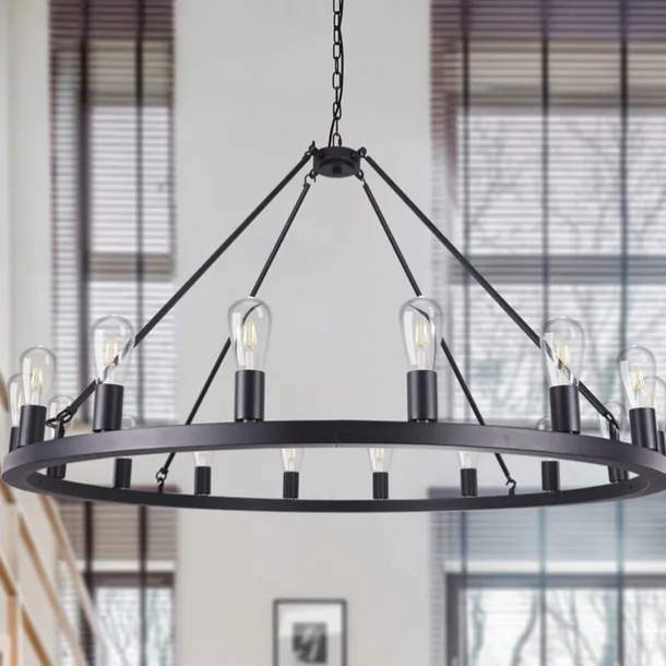 LED Chandelier Black on Wheels 20-Light Large Round Rustic Countryside Chandelier Industrial Light Fixture for Dining Room Living Room Kitchen Island Foyer Hallway