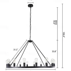 LED Chandelier Black on Wheels 20-Light Large Round Rustic Countryside Chandelier Industrial Light Fixture for Dining Room Living Room Kitchen Island Foyer Hallway