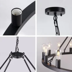 LED Chandelier Black on Wheels 20-Light Large Round Rustic Countryside Chandelier Industrial Light Fixture for Dining Room Living Room Kitchen Island Foyer Hallway