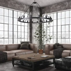 LED Chandelier Black on Wheels 20-Light Large Round Rustic Countryside Chandelier Industrial Light Fixture for Dining Room Living Room Kitchen Island Foyer Hallway