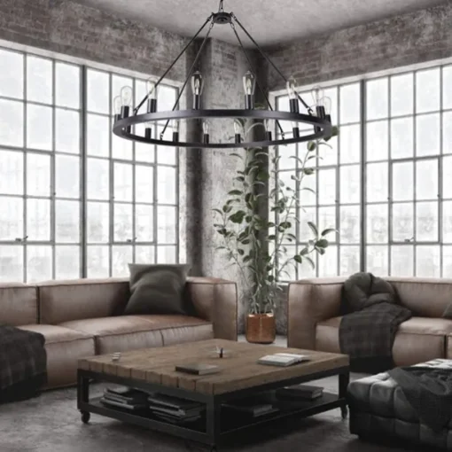 LED Chandelier Black on Wheels 20-Light Large Round Rustic Countryside Chandelier Industrial Light Fixture for Dining Room Living Room Kitchen Island Foyer Hallway