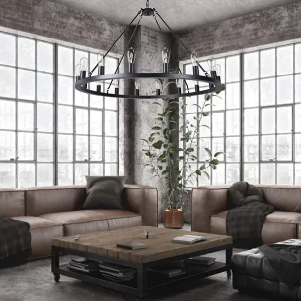 LED Chandelier Black on Wheels 20-Light Large Round Rustic Countryside Chandelier Industrial Light Fixture for Dining Room Living Room Kitchen Island Foyer Hallway