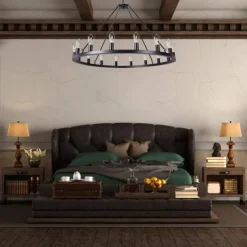 LED Chandelier Black on Wheels 20-Light Large Round Rustic Countryside Chandelier Industrial Light Fixture for Dining Room Living Room Kitchen Island Foyer Hallway