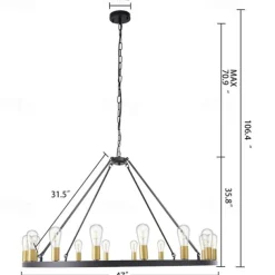 LED Chandelier Black on Wheels 20-Light Large Round Rustic Countryside Chandelier Industrial Light Fixture for Dining Room Living Room Kitchen Island Foyer Hallway