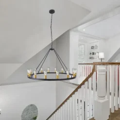 LED Chandelier Black on Wheels 20-Light Large Round Rustic Countryside Chandelier Industrial Light Fixture for Dining Room Living Room Kitchen Island Foyer Hallway